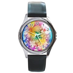 Watercolor Flowers Floral Print Round Metal Watch by SpinnyChairDesigns