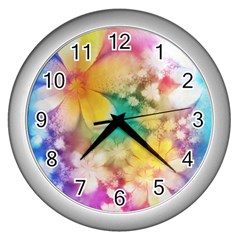 Watercolor Flowers Floral Print Wall Clock (silver) by SpinnyChairDesigns