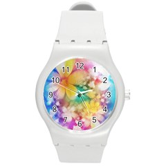 Watercolor Flowers Floral Print Round Plastic Sport Watch (m) by SpinnyChairDesigns