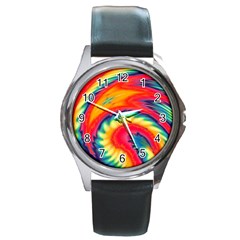 Colorful Dark Tie Dye Pattern Round Metal Watch by SpinnyChairDesigns