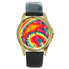 Colorful Dark Tie Dye Pattern Round Gold Metal Watch by SpinnyChairDesigns