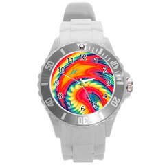 Colorful Dark Tie Dye Pattern Round Plastic Sport Watch (l) by SpinnyChairDesigns