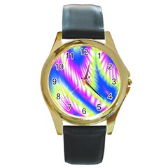 Colorful Blue Purple Pastel Tie Dye Pattern Round Gold Metal Watch by SpinnyChairDesigns