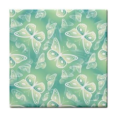 Turquoise Light Green Butterfly Pattern Tile Coaster by SpinnyChairDesigns