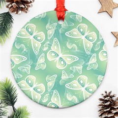 Turquoise Light Green Butterfly Pattern Ornament (round) by SpinnyChairDesigns