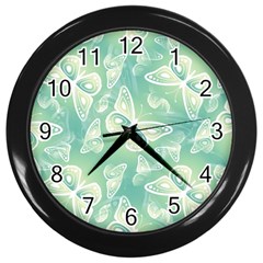 Turquoise Light Green Butterfly Pattern Wall Clock (black) by SpinnyChairDesigns