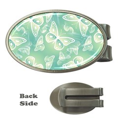 Turquoise Light Green Butterfly Pattern Money Clips (oval)  by SpinnyChairDesigns