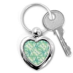 Turquoise Light Green Butterfly Pattern Key Chain (heart) by SpinnyChairDesigns