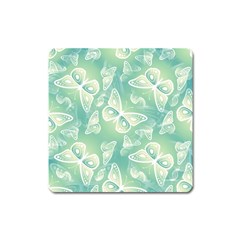 Turquoise Light Green Butterfly Pattern Square Magnet by SpinnyChairDesigns