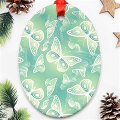 Turquoise Light Green Butterfly Pattern Oval Ornament (two Sides) by SpinnyChairDesigns