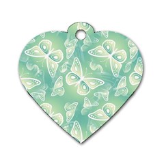 Turquoise Light Green Butterfly Pattern Dog Tag Heart (two Sides) by SpinnyChairDesigns