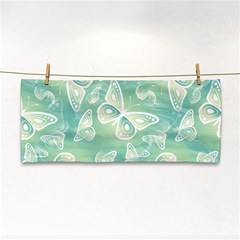 Turquoise Light Green Butterfly Pattern Hand Towel by SpinnyChairDesigns