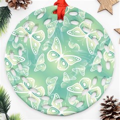 Turquoise Light Green Butterfly Pattern Round Filigree Ornament (two Sides) by SpinnyChairDesigns