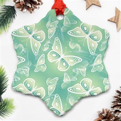 Turquoise Light Green Butterfly Pattern Snowflake Ornament (two Sides) by SpinnyChairDesigns