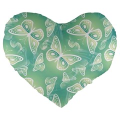 Turquoise Light Green Butterfly Pattern Large 19  Premium Heart Shape Cushions by SpinnyChairDesigns