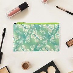 Turquoise Light Green Butterfly Pattern Cosmetic Bag (xs) by SpinnyChairDesigns