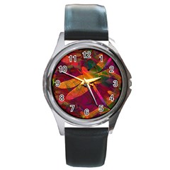 Dragonflies Abstract Colorful Pattern Round Metal Watch by SpinnyChairDesigns