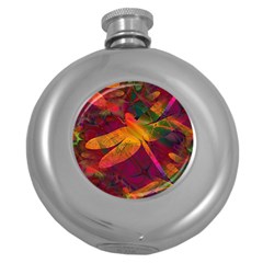 Dragonflies Abstract Colorful Pattern Round Hip Flask (5 Oz) by SpinnyChairDesigns