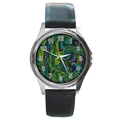 Jungle Print Green Abstract Pattern Round Metal Watch by SpinnyChairDesigns