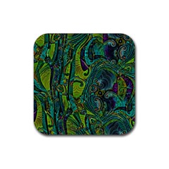 Jungle Print Green Abstract Pattern Rubber Coaster (square)  by SpinnyChairDesigns