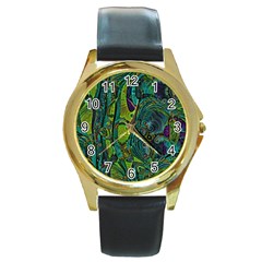 Jungle Print Green Abstract Pattern Round Gold Metal Watch by SpinnyChairDesigns