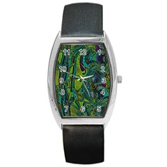 Jungle Print Green Abstract Pattern Barrel Style Metal Watch by SpinnyChairDesigns