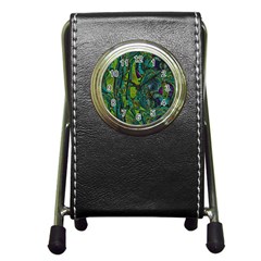 Jungle Print Green Abstract Pattern Pen Holder Desk Clock by SpinnyChairDesigns