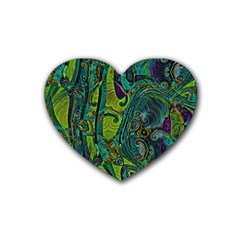 Jungle Print Green Abstract Pattern Rubber Coaster (heart)  by SpinnyChairDesigns