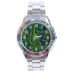 Jungle Print Green Abstract Pattern Stainless Steel Analogue Watch by SpinnyChairDesigns