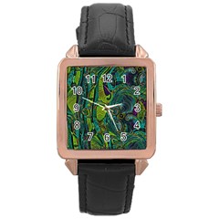 Jungle Print Green Abstract Pattern Rose Gold Leather Watch  by SpinnyChairDesigns