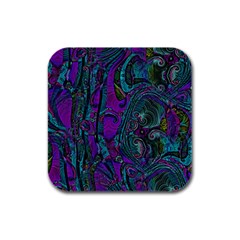 Purple Teal Abstract Jungle Print Pattern Rubber Square Coaster (4 Pack)  by SpinnyChairDesigns