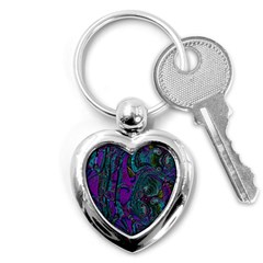 Purple Teal Abstract Jungle Print Pattern Key Chain (heart) by SpinnyChairDesigns