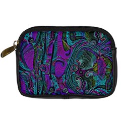 Purple Teal Abstract Jungle Print Pattern Digital Camera Leather Case by SpinnyChairDesigns