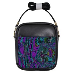 Purple Teal Abstract Jungle Print Pattern Girls Sling Bag by SpinnyChairDesigns