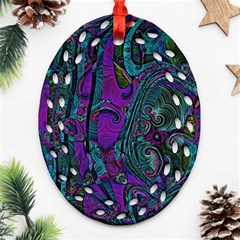 Purple Teal Abstract Jungle Print Pattern Ornament (oval Filigree) by SpinnyChairDesigns