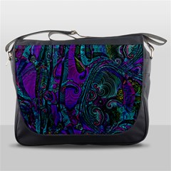 Purple Teal Abstract Jungle Print Pattern Messenger Bag by SpinnyChairDesigns