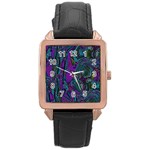 Purple Teal Abstract Jungle Print Pattern Rose Gold Leather Watch  Front