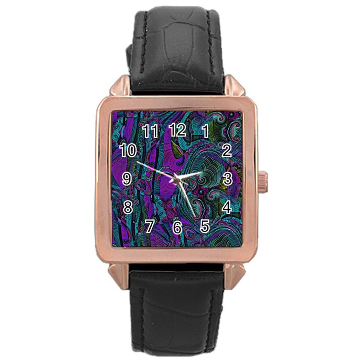 Purple Teal Abstract Jungle Print Pattern Rose Gold Leather Watch 