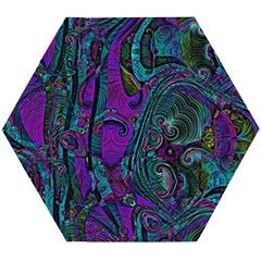 Purple Teal Abstract Jungle Print Pattern Wooden Puzzle Hexagon by SpinnyChairDesigns