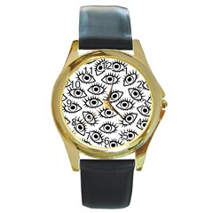 Black And White Cartoon Eyeballs Round Gold Metal Watch by SpinnyChairDesigns