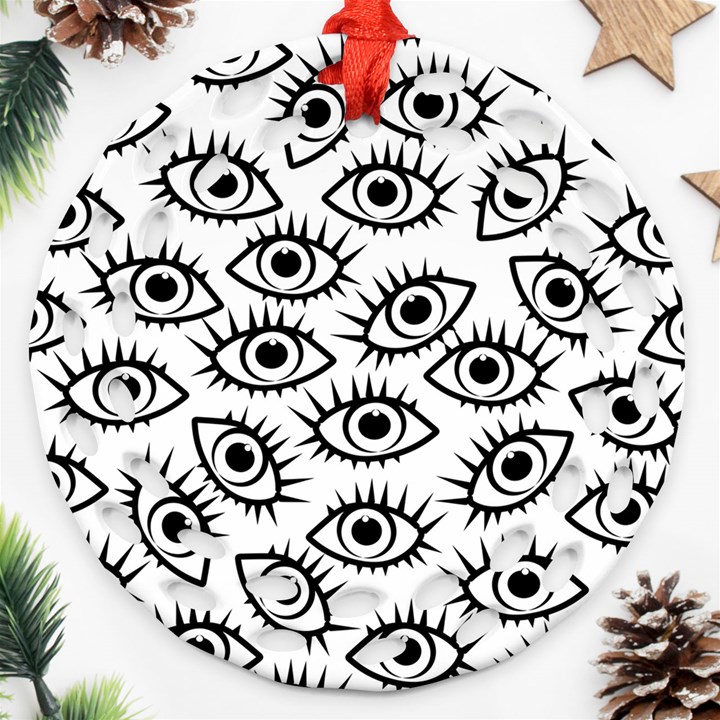 Black and White Cartoon Eyeballs Ornament (Round Filigree)