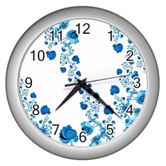 Abstract Blue Flowers On White Wall Clock (silver) by SpinnyChairDesigns