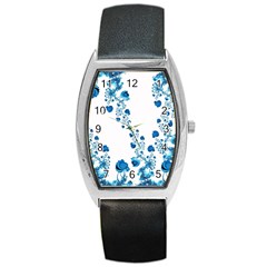 Abstract Blue Flowers On White Barrel Style Metal Watch by SpinnyChairDesigns