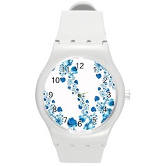 Abstract Blue Flowers On White Round Plastic Sport Watch (m) by SpinnyChairDesigns