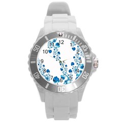 Abstract Blue Flowers On White Round Plastic Sport Watch (l) by SpinnyChairDesigns