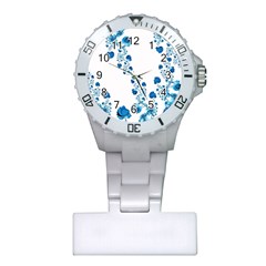 Abstract Blue Flowers On White Plastic Nurses Watch by SpinnyChairDesigns