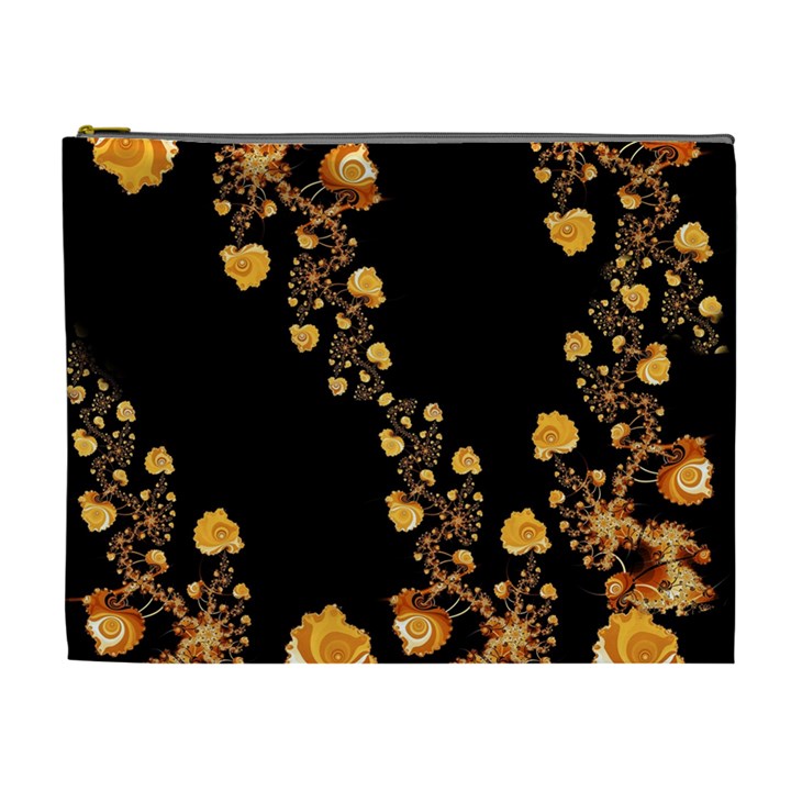 Abstract Gold Yellow Roses on Black Cosmetic Bag (XL)