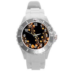 Abstract Gold Yellow Roses On Black Round Plastic Sport Watch (l) by SpinnyChairDesigns