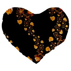 Abstract Gold Yellow Roses On Black Large 19  Premium Flano Heart Shape Cushions by SpinnyChairDesigns