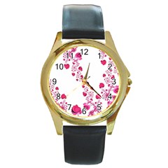 Abstract Pink Roses On White Round Gold Metal Watch by SpinnyChairDesigns